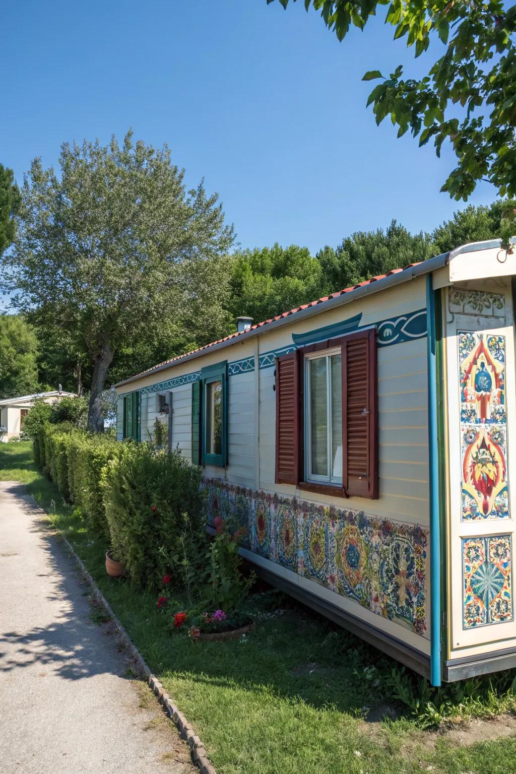 Custom painted patterns on shutters adding individuality to a mobile home.