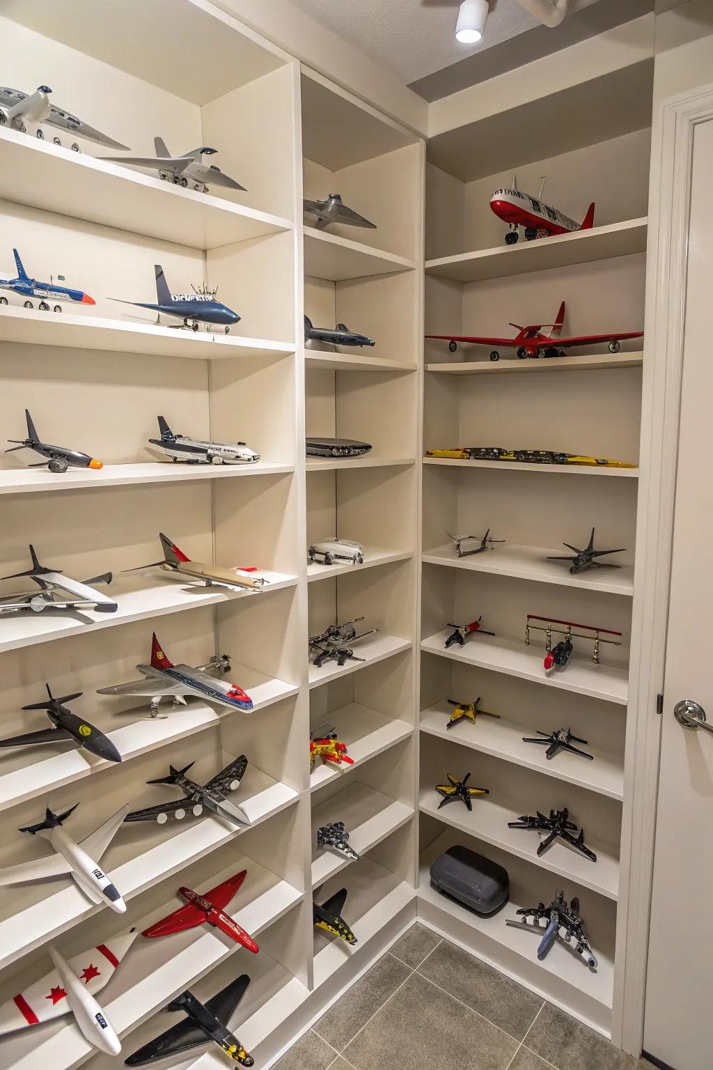 Angle shelving units provide a clever means to showcase model aircraft.