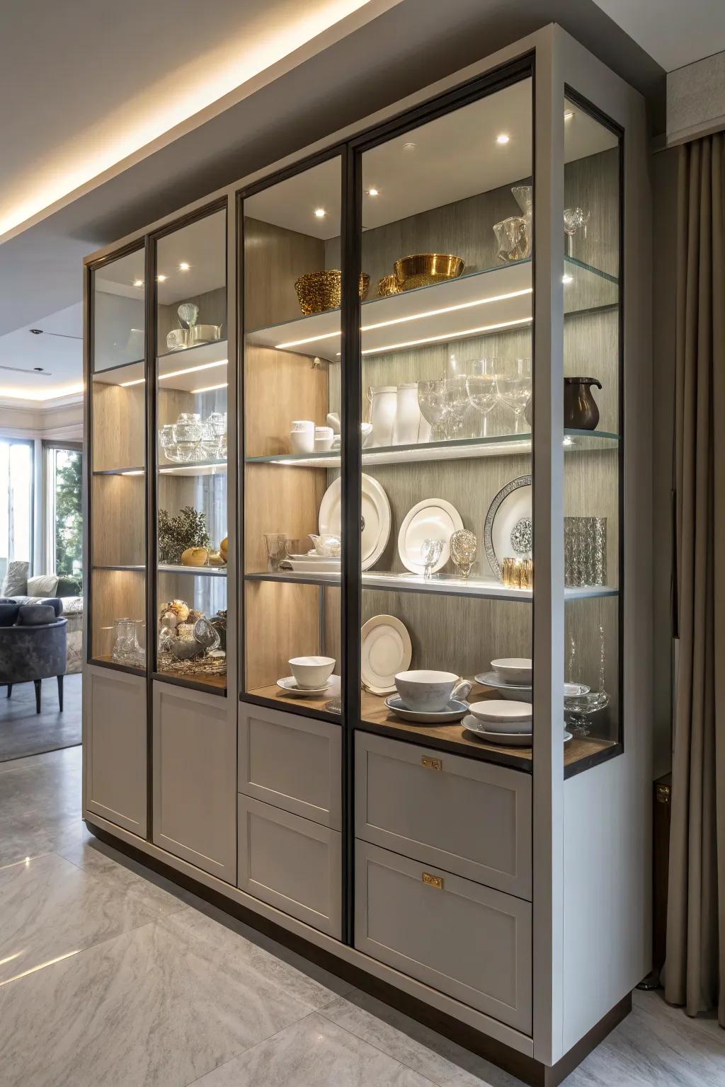 Expansive and accessible exposed shelving in a china cabinet.