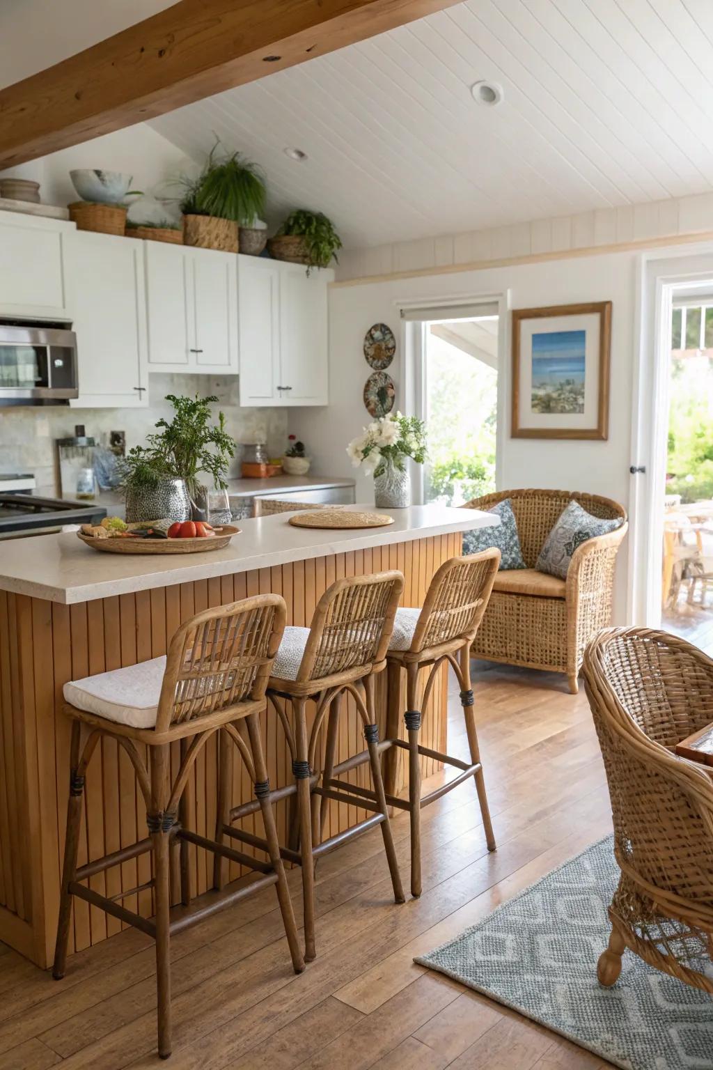 Wicker furniture contributes a trace of informal elegance to this kitchen.