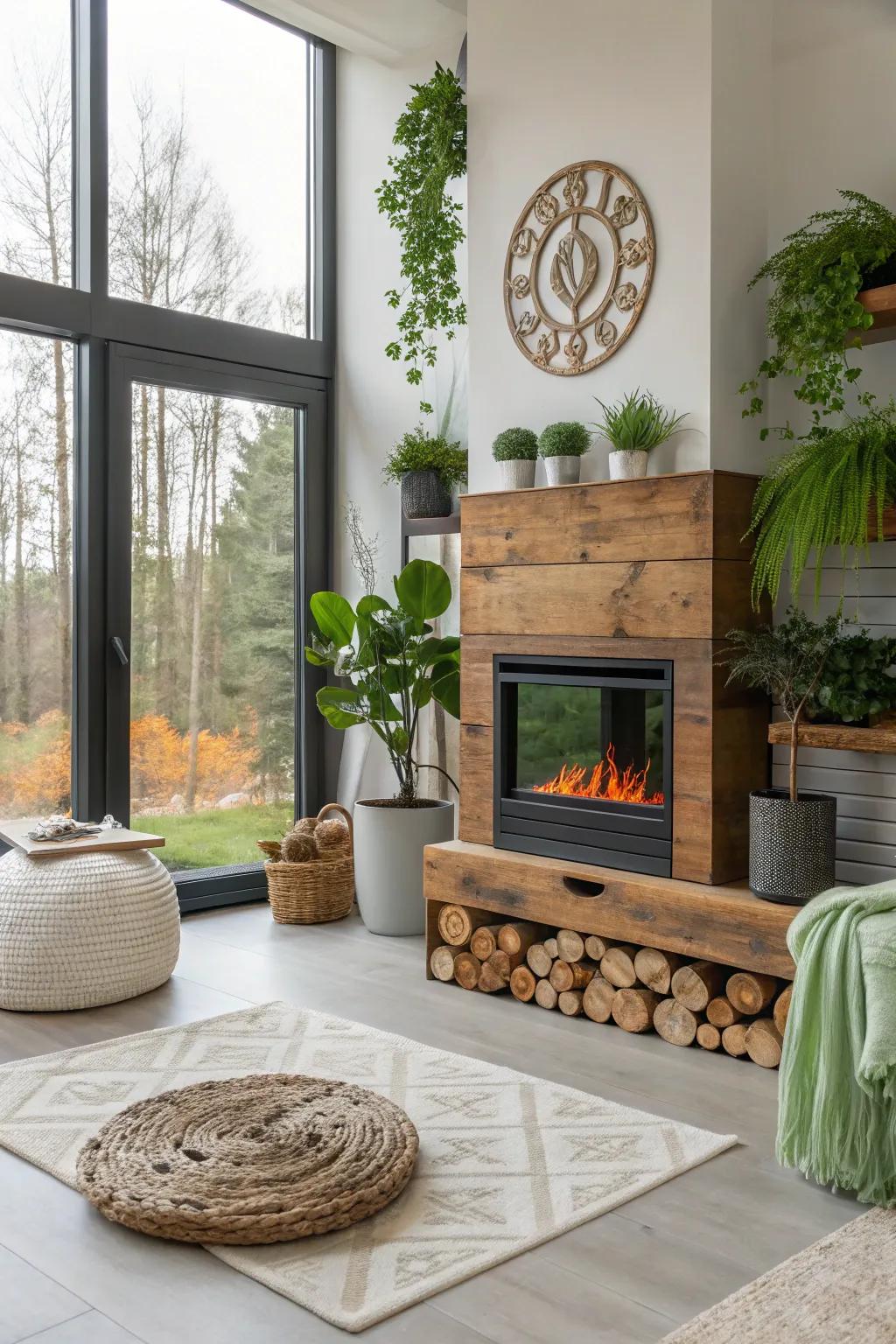 A modern home showcasing an eco-friendly electric fireplace with sustainable decor.