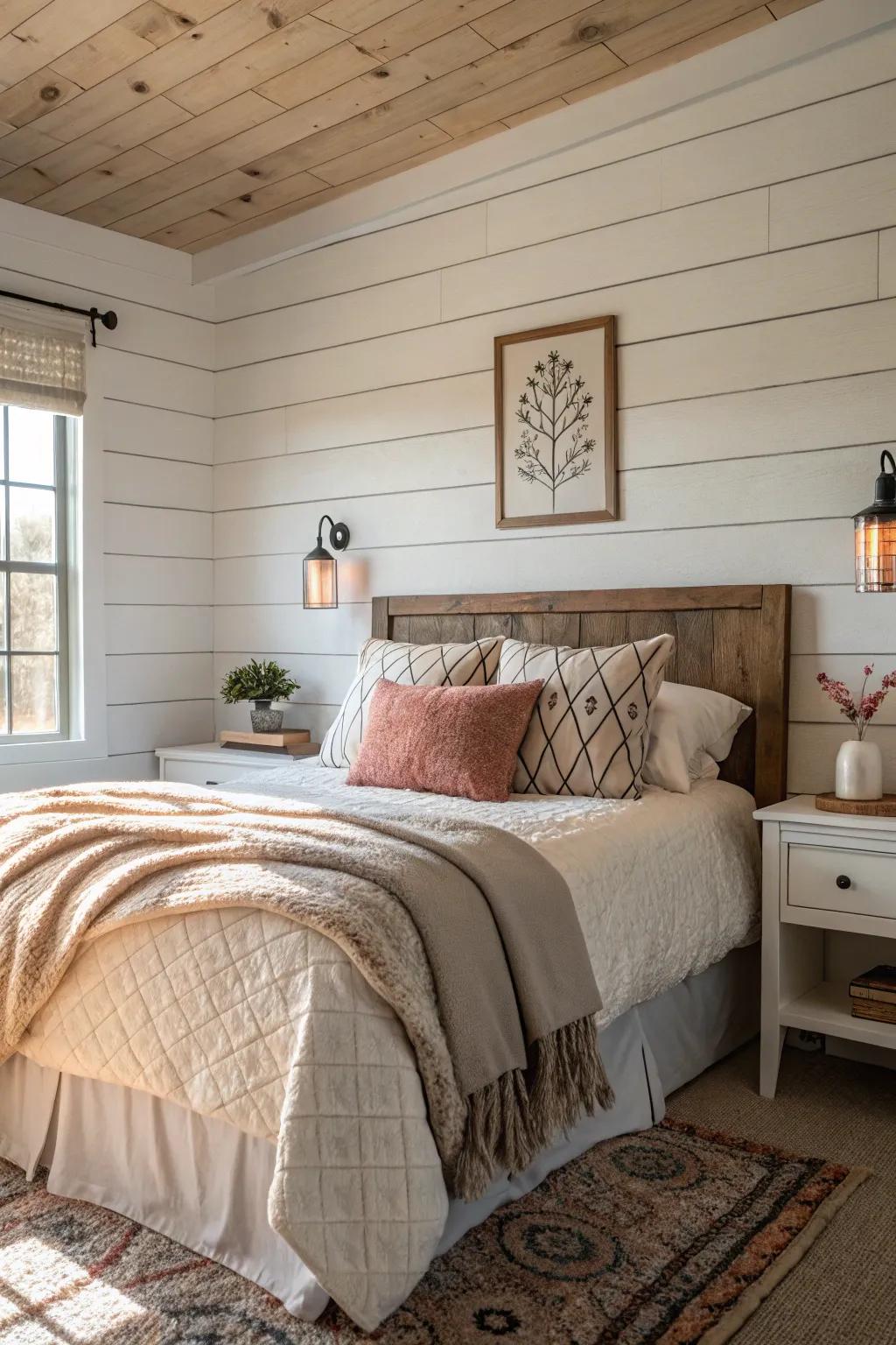 Shiplap accent walls add a farmhouse touch and visual interest.