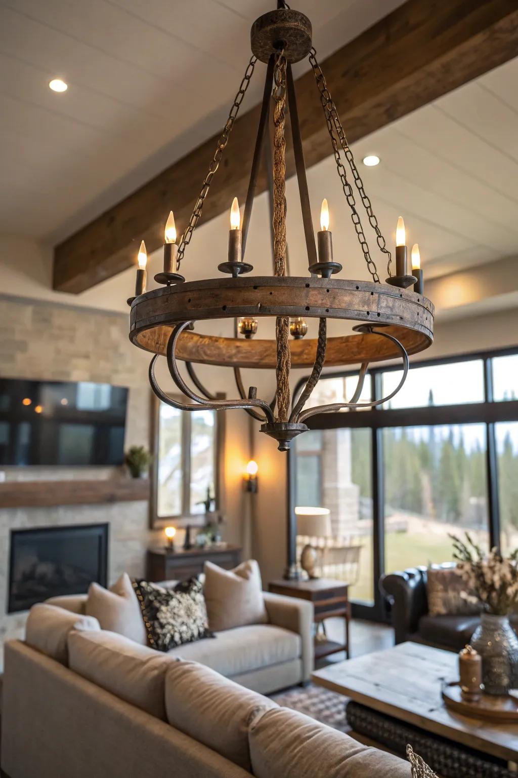 Modern lighting fixtures with countryside touches blend contemporary and farmhouse styles.