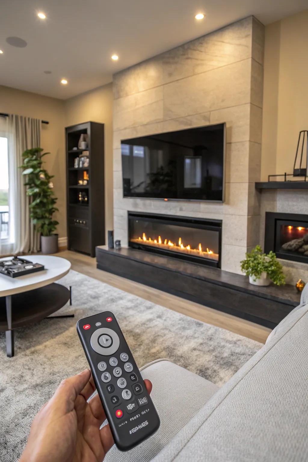 A high-tech smart fireplace seamlessly integrated into a modern home.