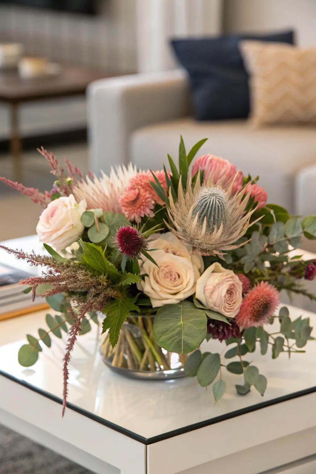 A floral arrangement with varied textures for a vibrant aesthetic.