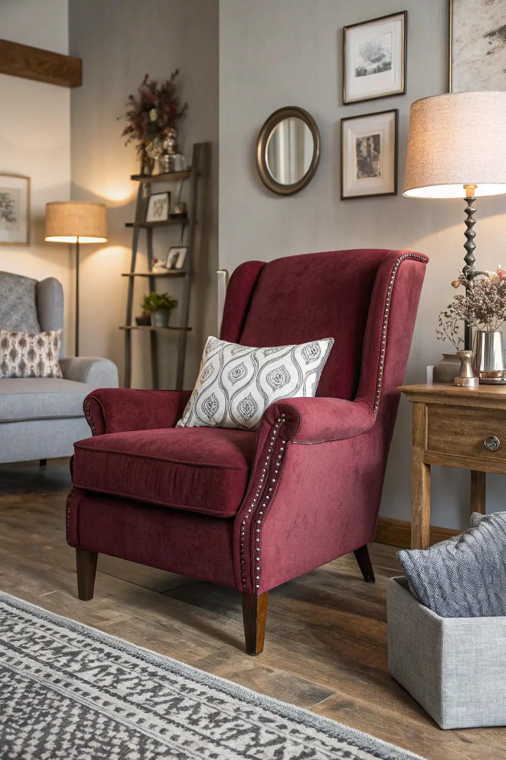 Lounge consisting of a striking deep red chair and grey decorative components.