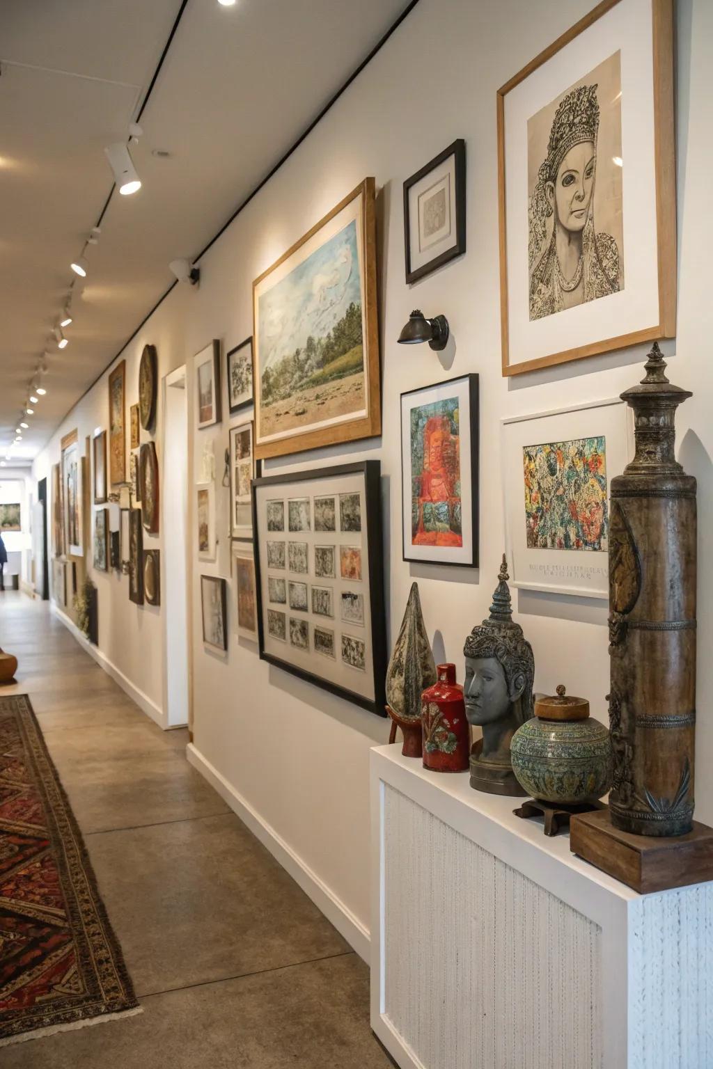 A half wall fashioned into an art exhibition enhances character and appeal.