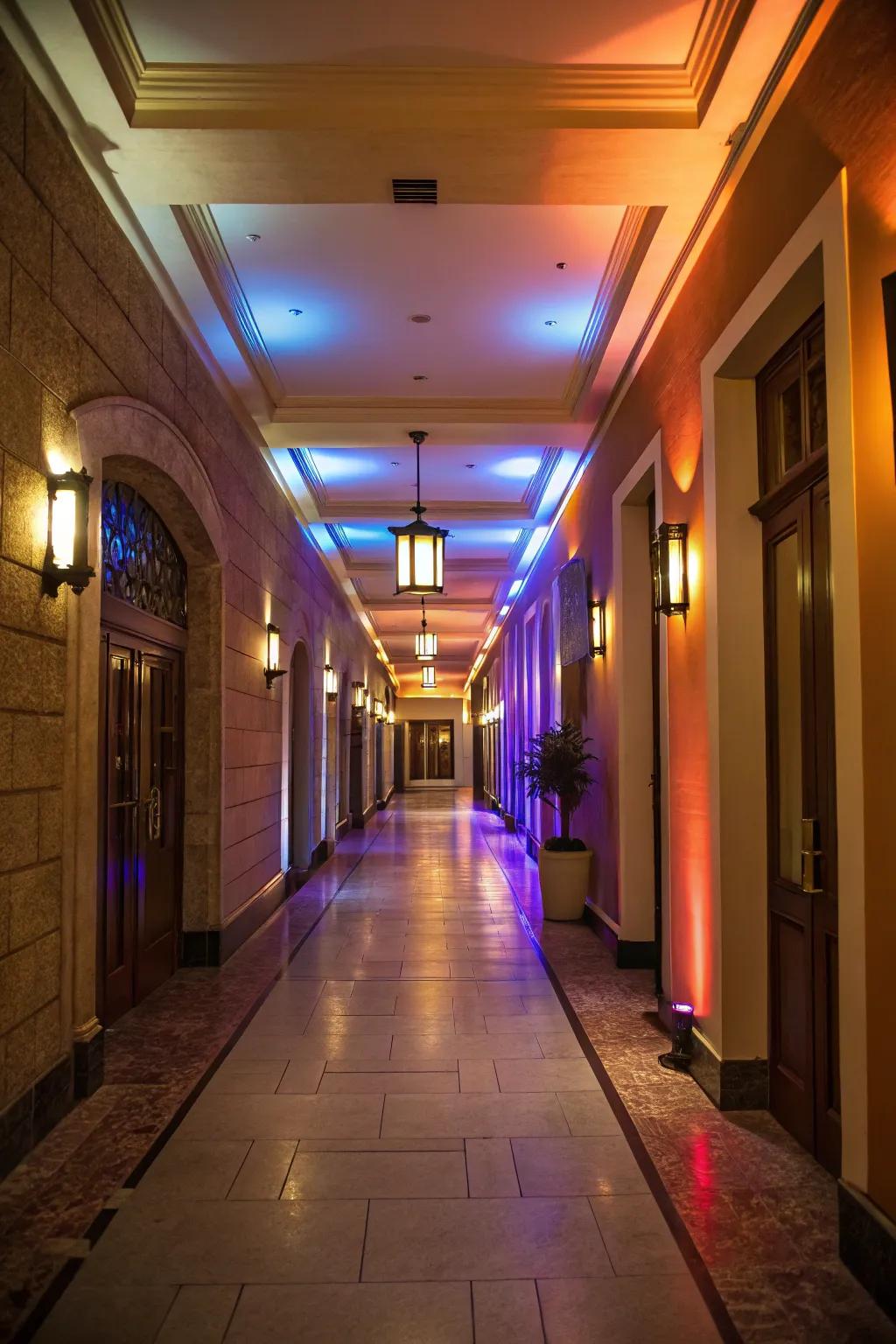 Mixing warm and cool shades makes a dynamic hallway atmosphere.