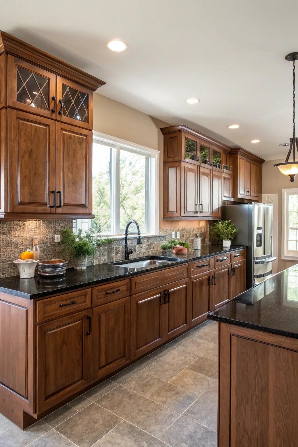 Comparison introduces drama and equilibrium to hickory kitchens.