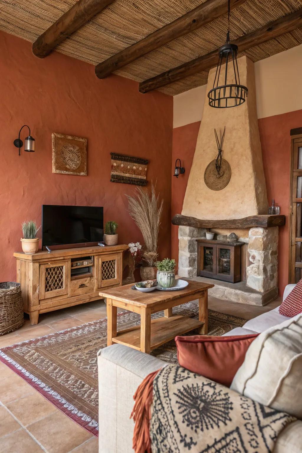 Red clay walls add warmth and rustic charm to this inviting living room.