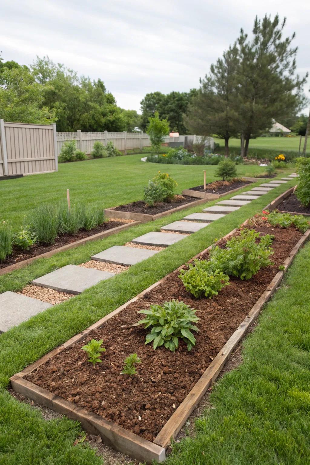 Beds covered in mulch in a front garden to help retain moisture and fight weeds.