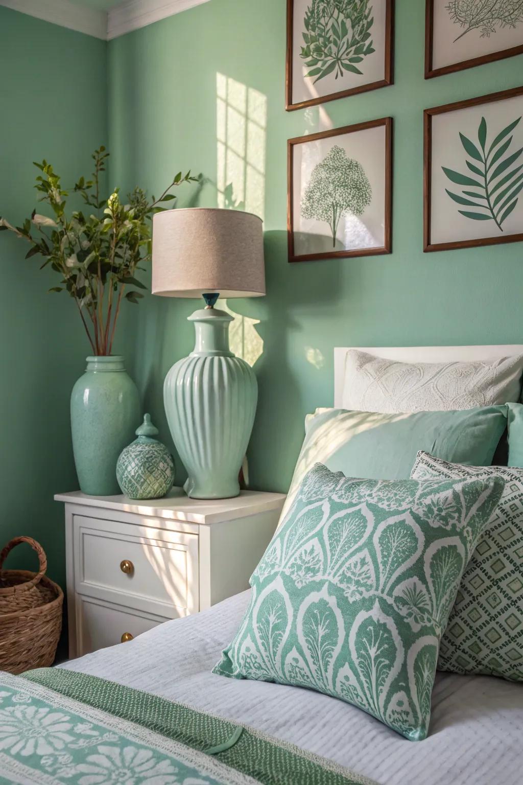 Subtle soft jade accents in a modern bedroom.