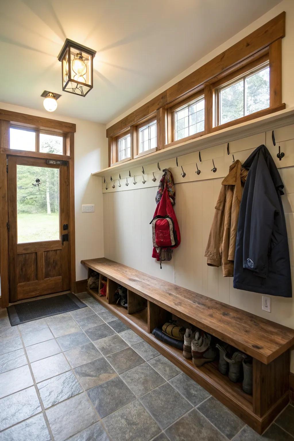 Both natural and overhead lighting brighten the mudroom.