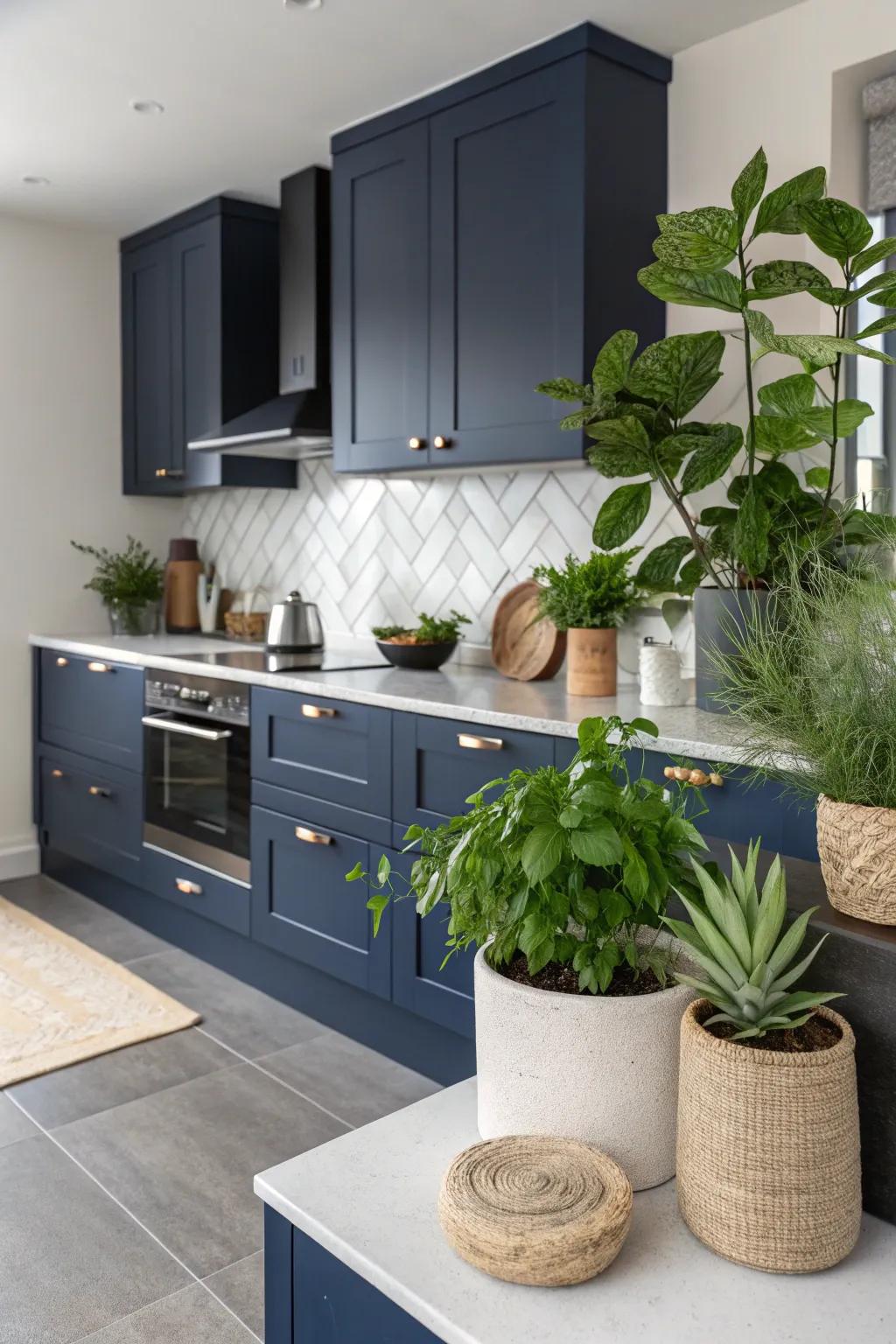 Greenery contributes a revitalizing contrast to the intense tones of marine blue cabinetry.