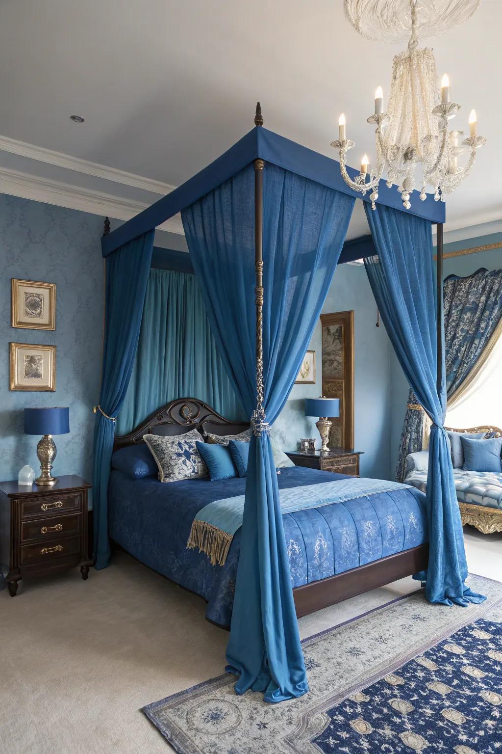 A canopy bed injects drama and classic elegance to the sapphire bedroom.