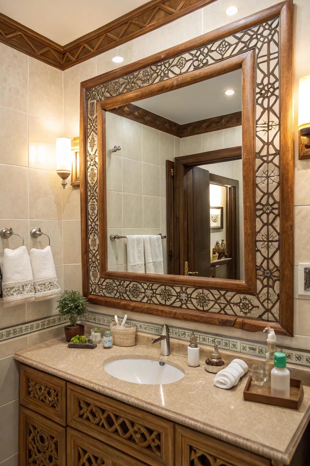A decorative mirror imparts elegance while beautifully reflecting the rustic style.