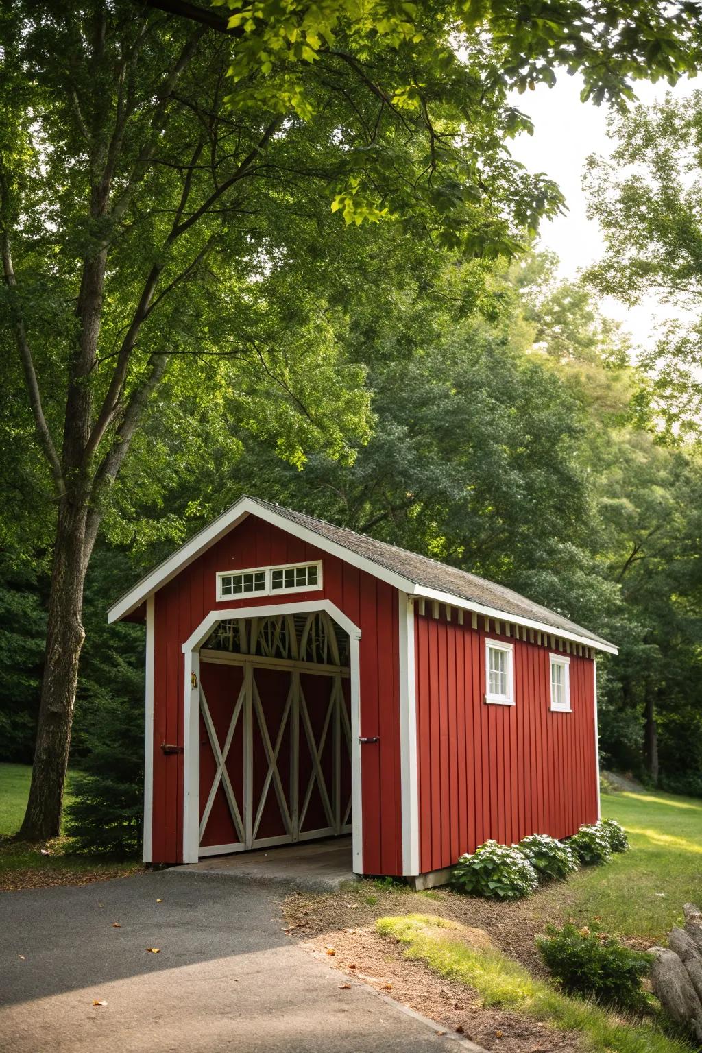 A vibrant red shed, energizing the garden landscape.