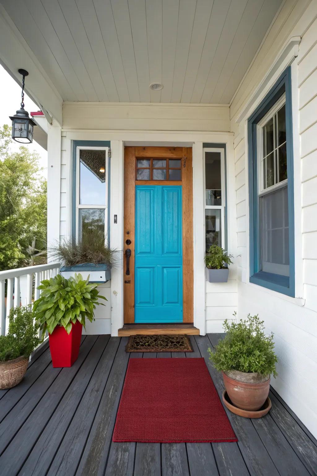 A small front porch employing contrasting colors and materials, enhancing its architectural design and visual appeal.