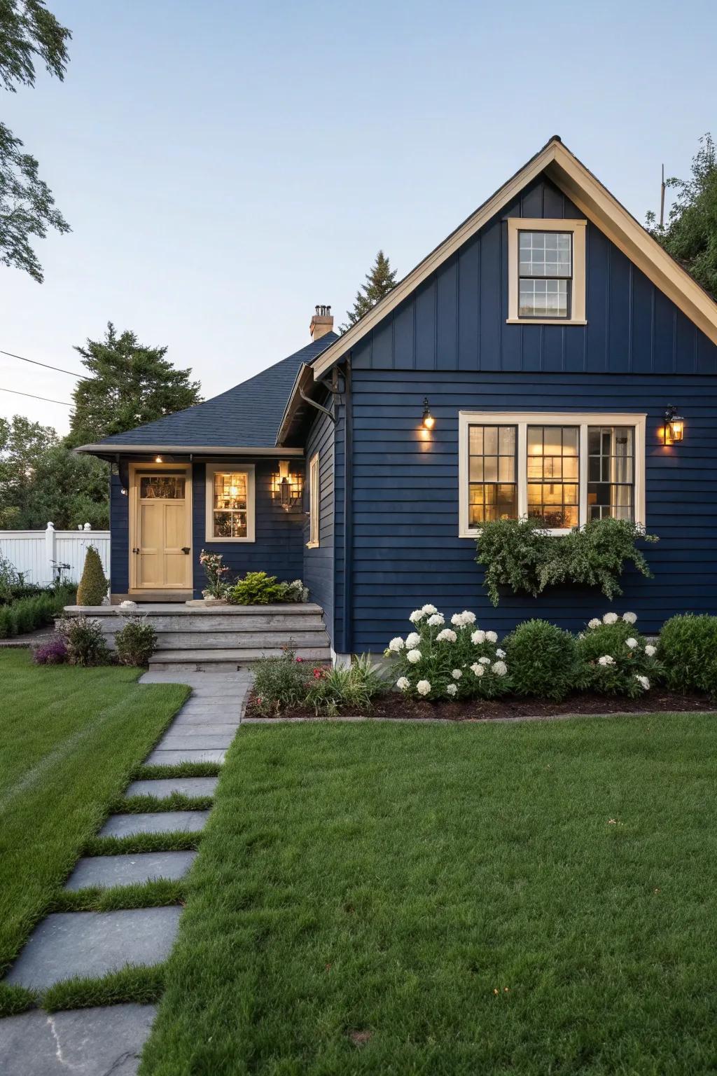 Deep navy and brass forge an opulent, sophisticated façade.