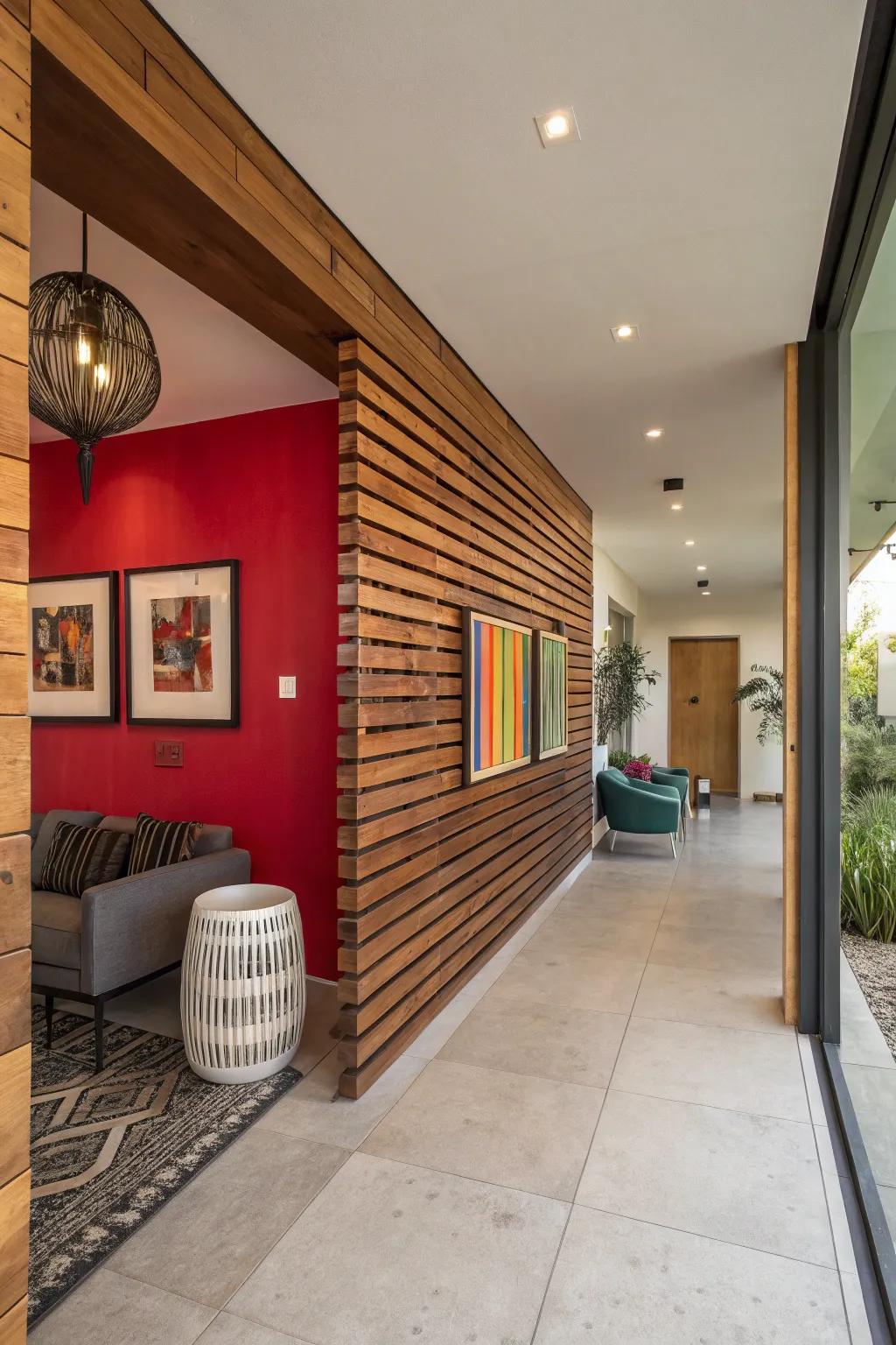 Make a bold statement with vibrant color contrasts on your timber panel wall.