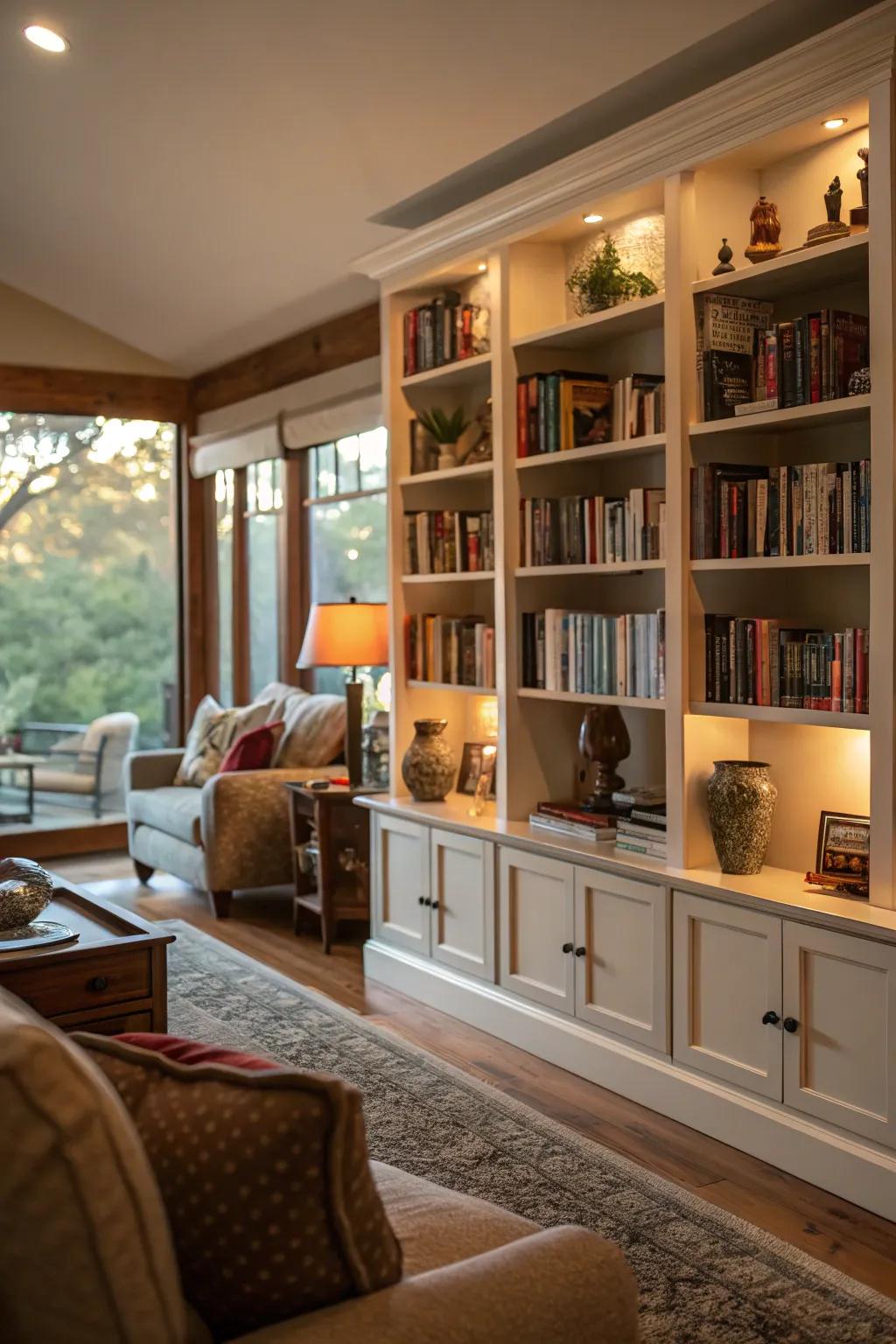 Built-in bookshelves adding character to a moody living room.
