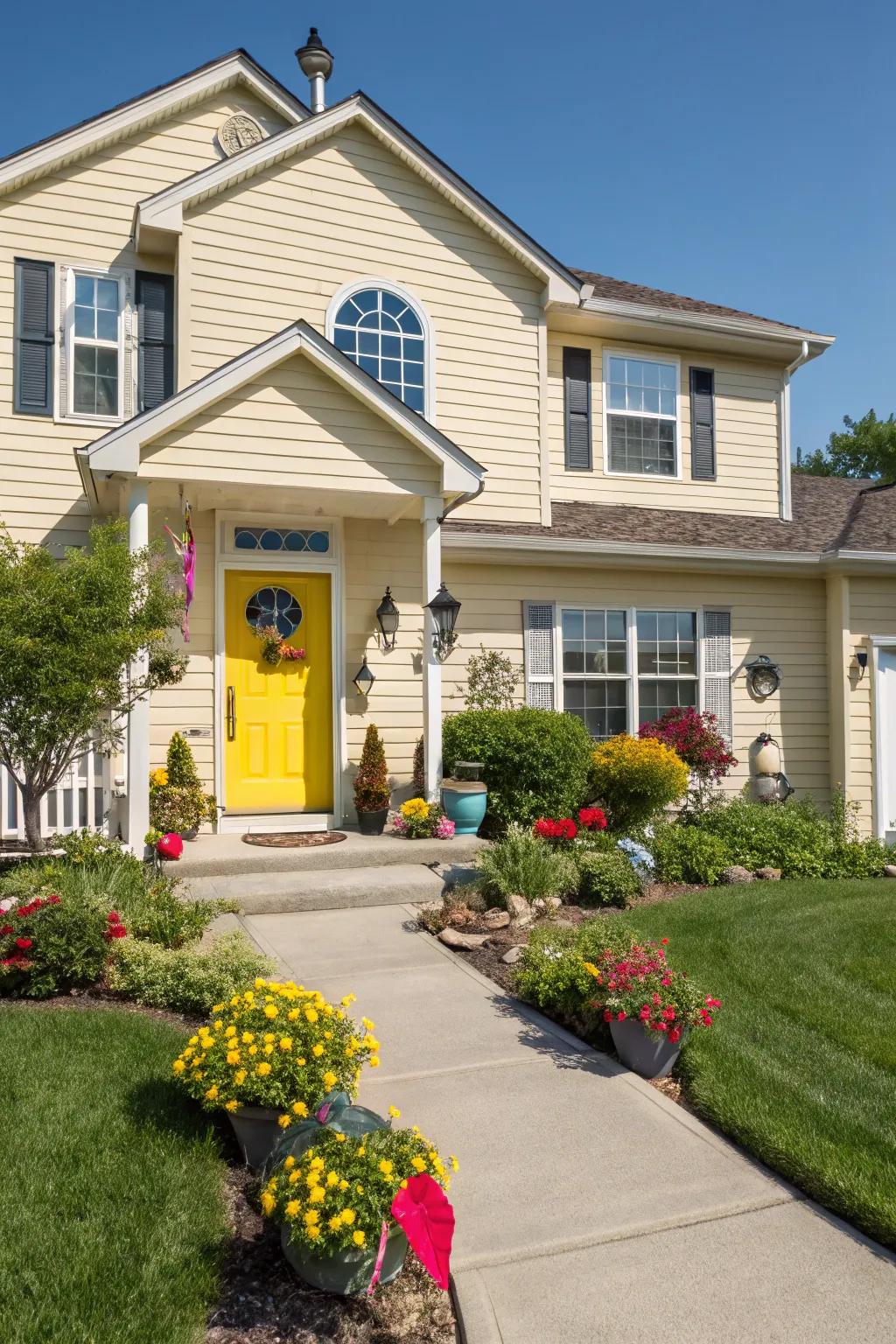 Saffron front door brightens up a beige house with its cheerful hue.