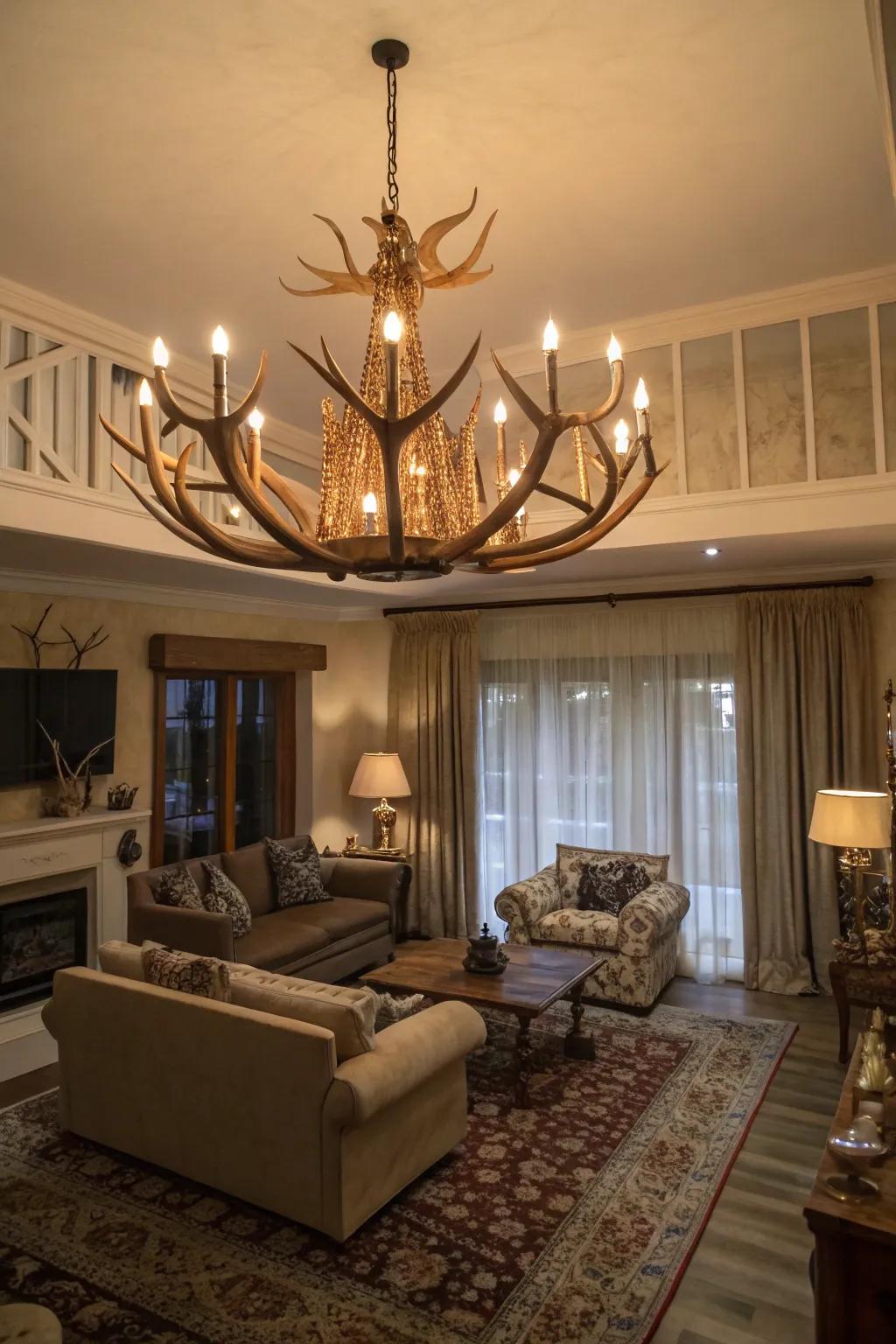 An elk horn lighting fixture integrates countryside grace into the space.