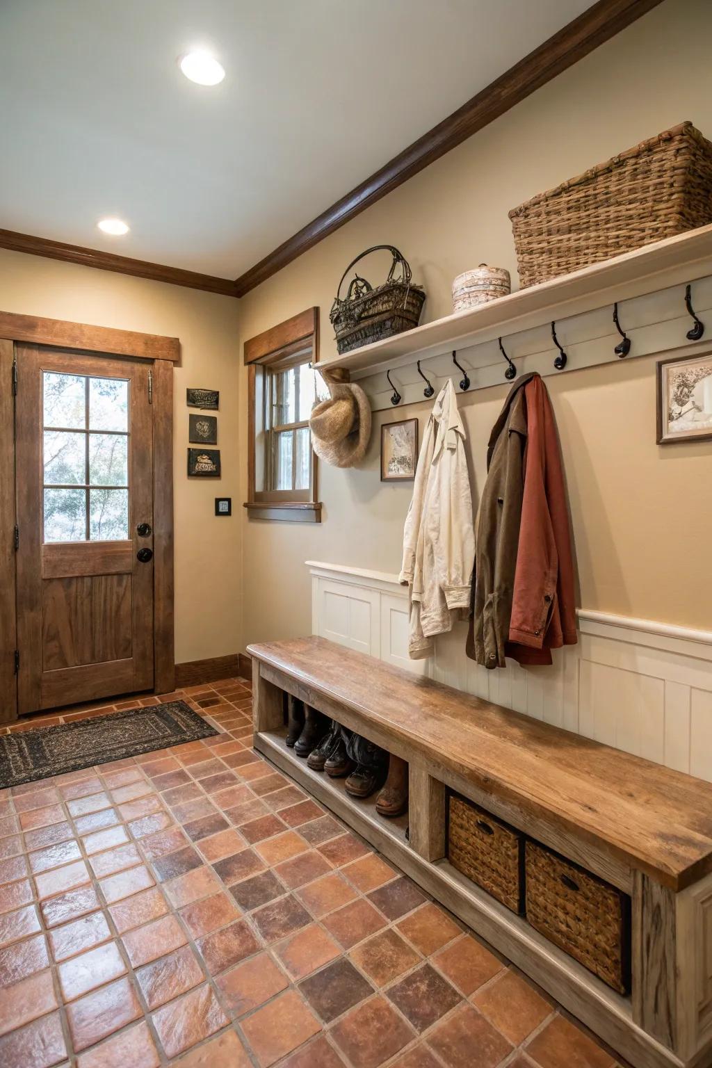 Nature-inspired tones crafting a tranquil mud room.