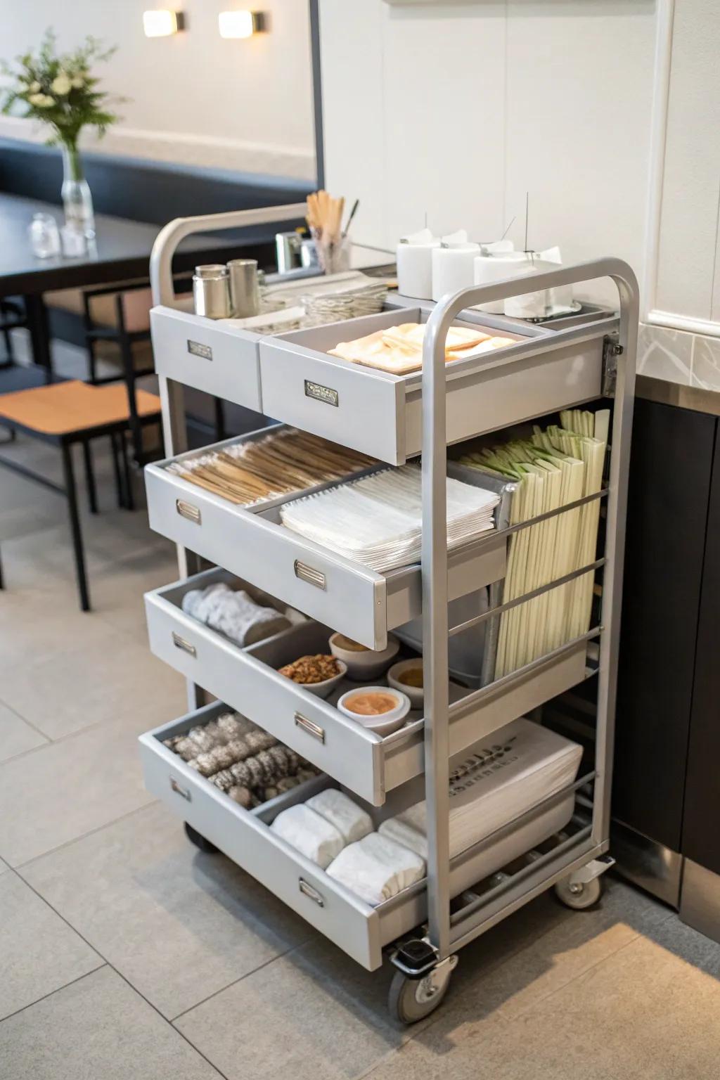 A mobile solution featuring a rolling cart, making napkin storage versatile.