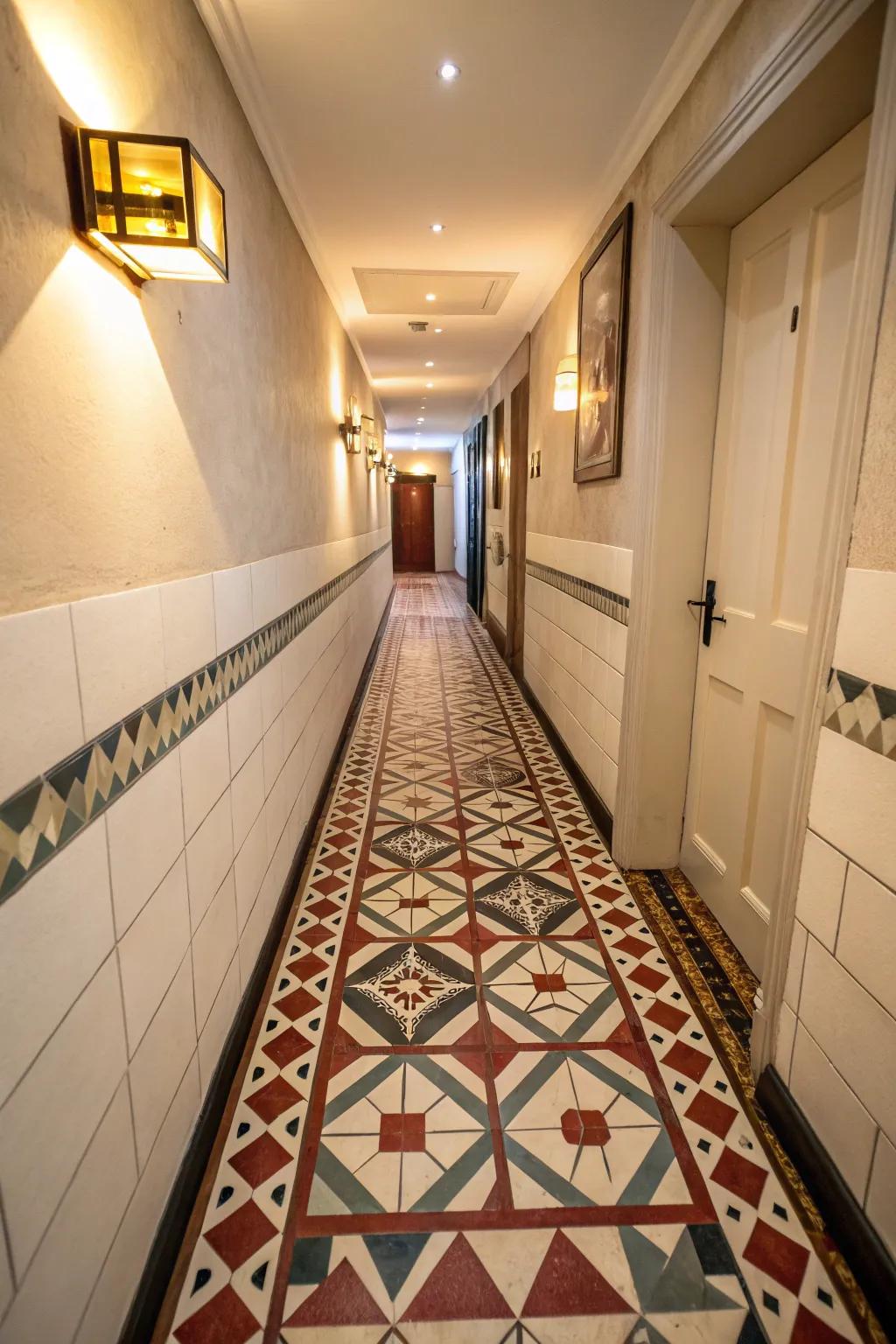 Striking flooring establishes a compelling visual declaration in a narrow hallway.