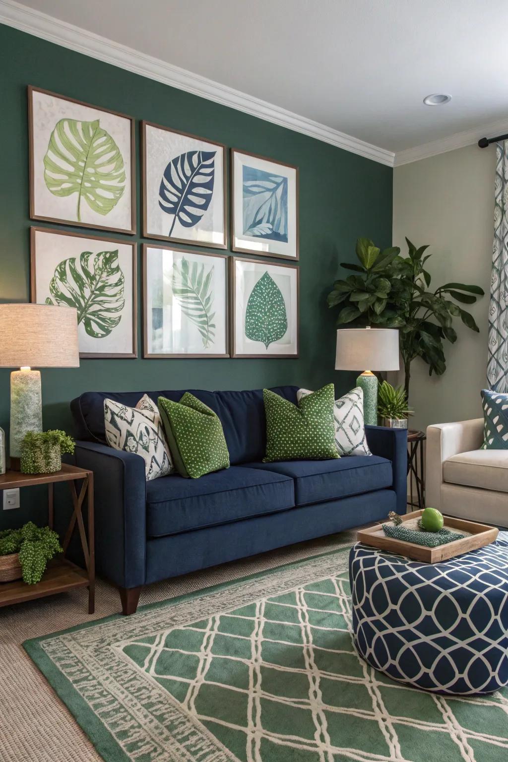Art pieces complement the shades of blue and verdant theme effectively.