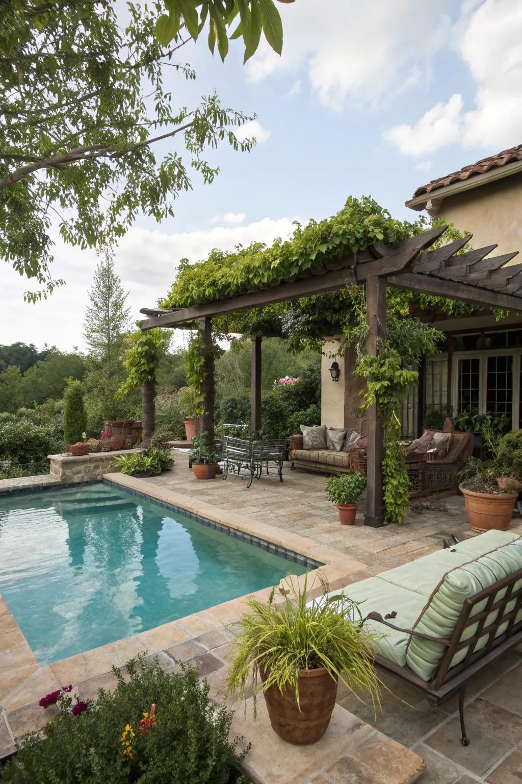 A pool zone enhanced with outdoor decor and rich vegetation, making it an impeccable retreat.
