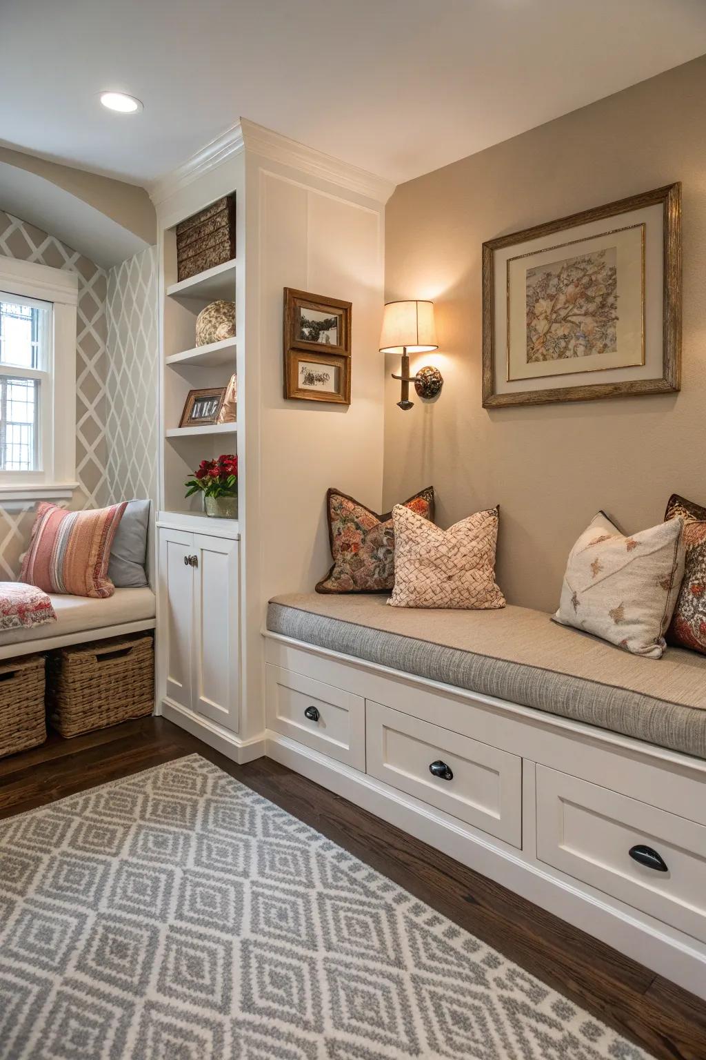 An elegant alcove featuring built-in drawers for sneaky storage solutions.