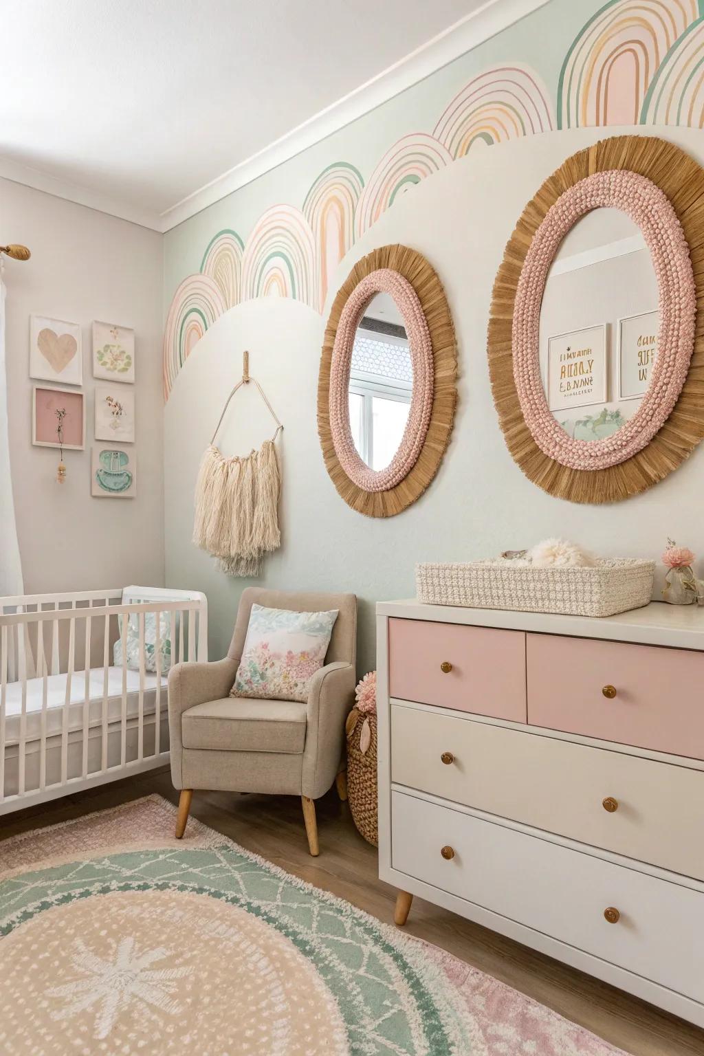 Pastel-colored reflector frames harmonize impeccably with this nursery's decor.
