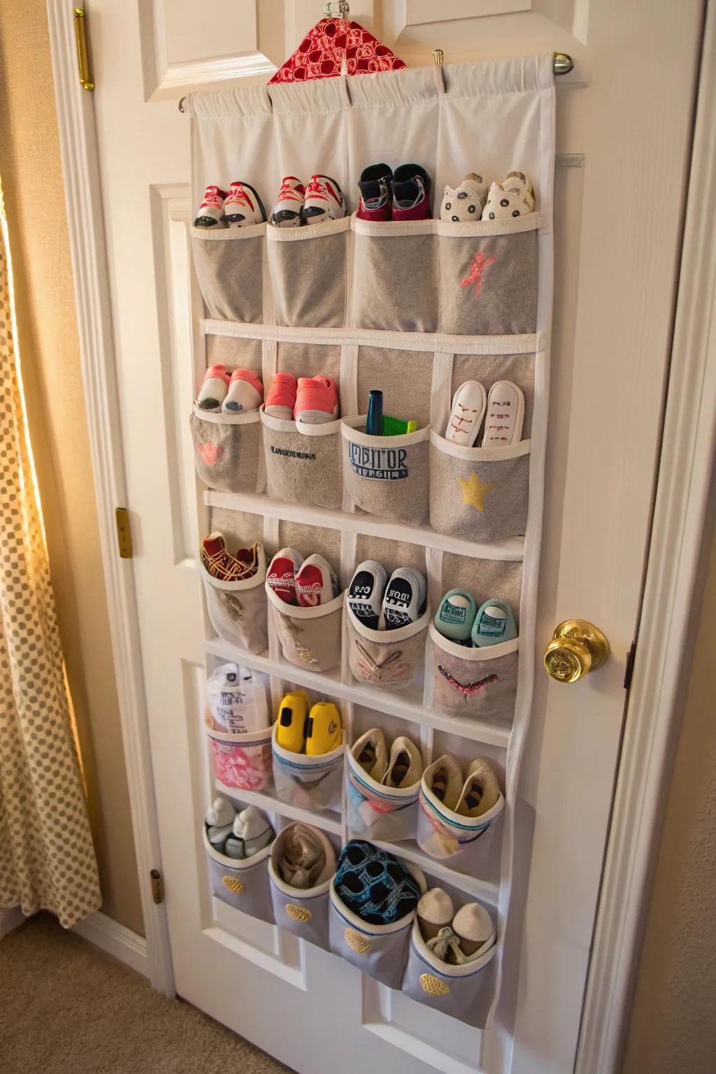Creative utilization of a footwear organizer for stowing infant necessities within the nursery.