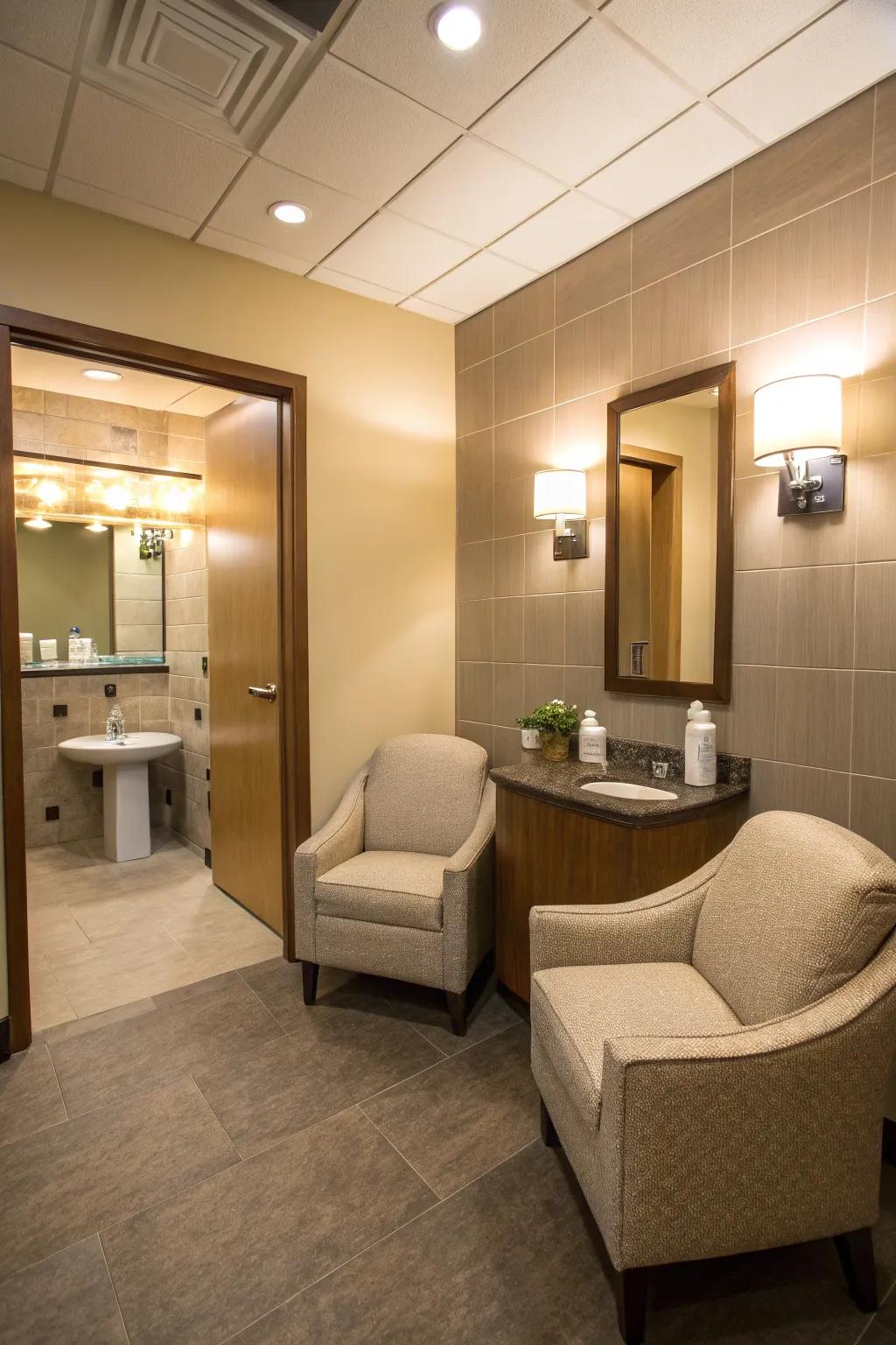 A seating space contributes a dash of comfort and unwinding to the office lavatory.