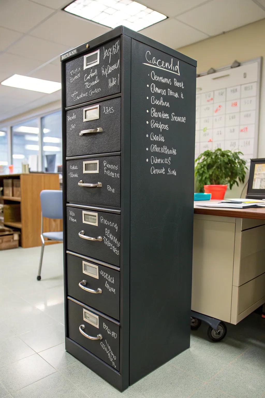 Chalkboard file cabinets make organizing fun.