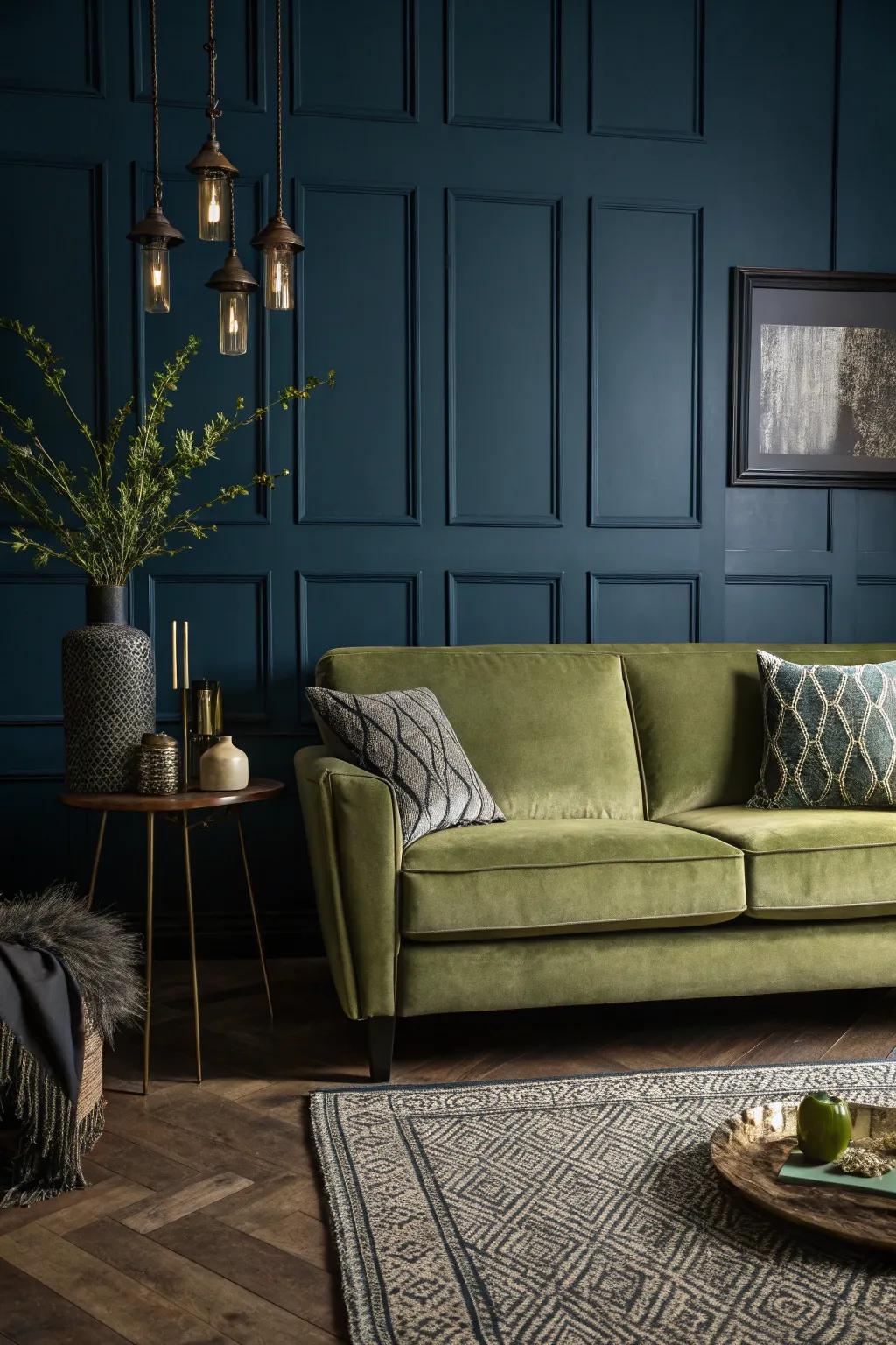 Deep hues fashion a striking contrast with an evergreen couch.