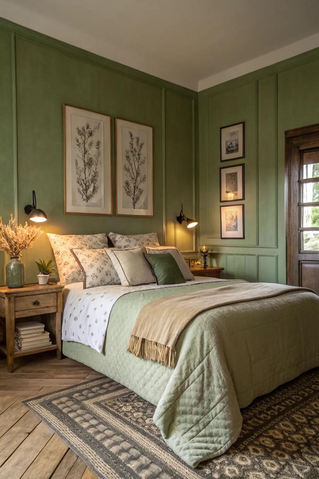 Serenity abounds in this bedroom thanks to the olive green walls.