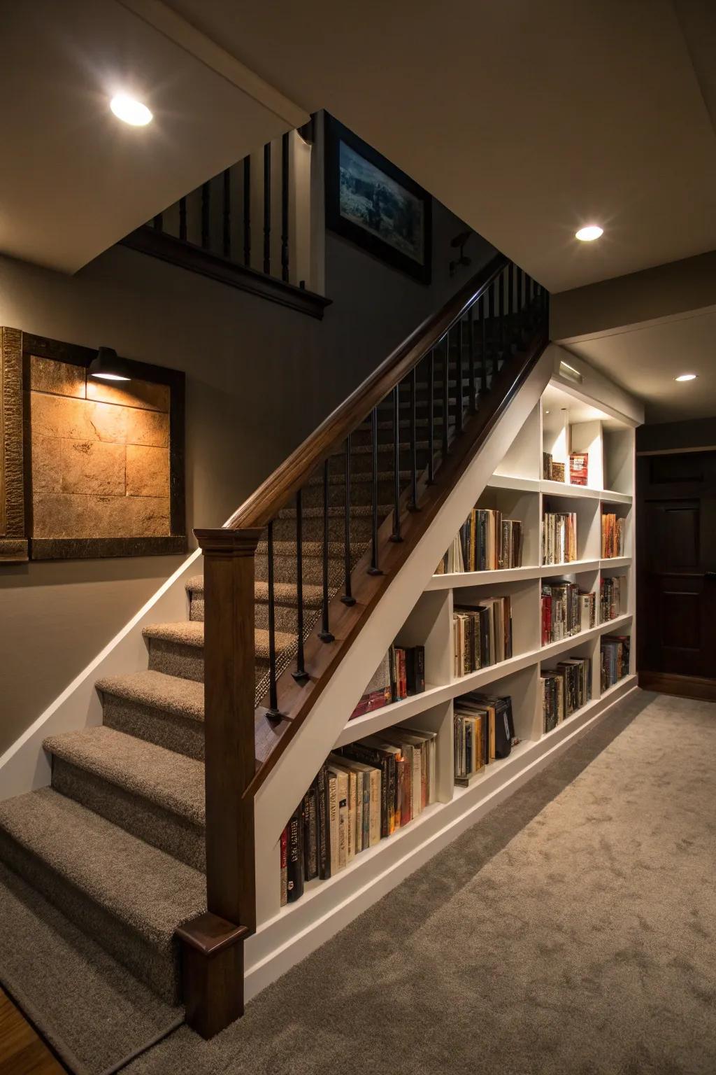 A bookshelf railing merges functionality with design flair.