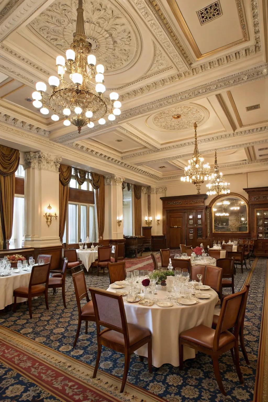 A sophisticated feasting zone showcasing indented ceilings imparting sophistication.