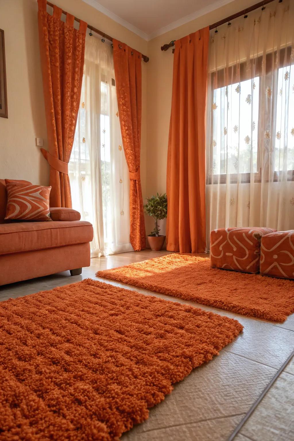 Textured orange elements enrich the living space with depth and richness.