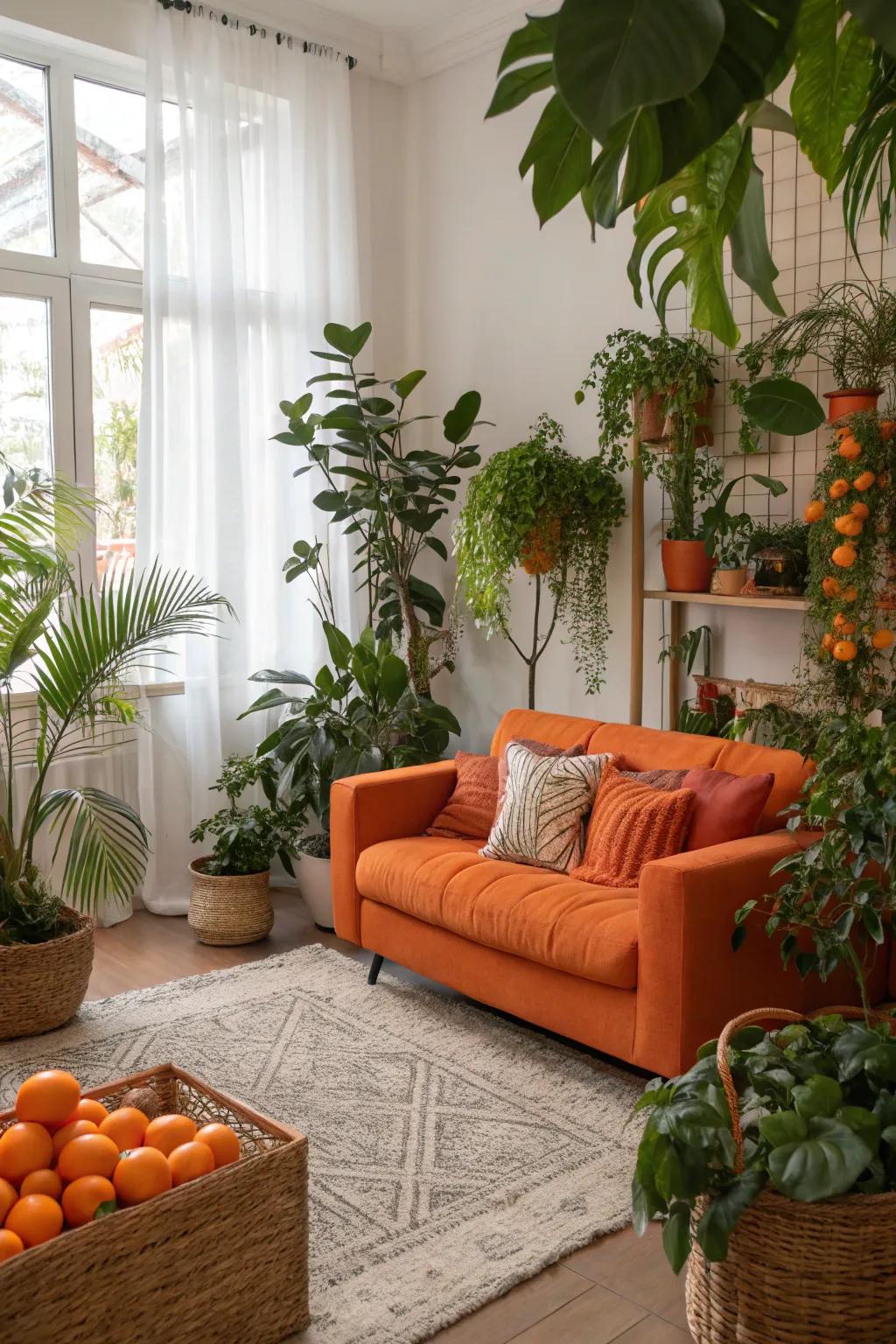 A space featuring orange decor and natural plants.