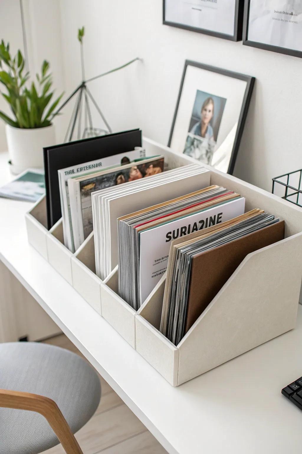 Magazine files keep papers organized and accessible.