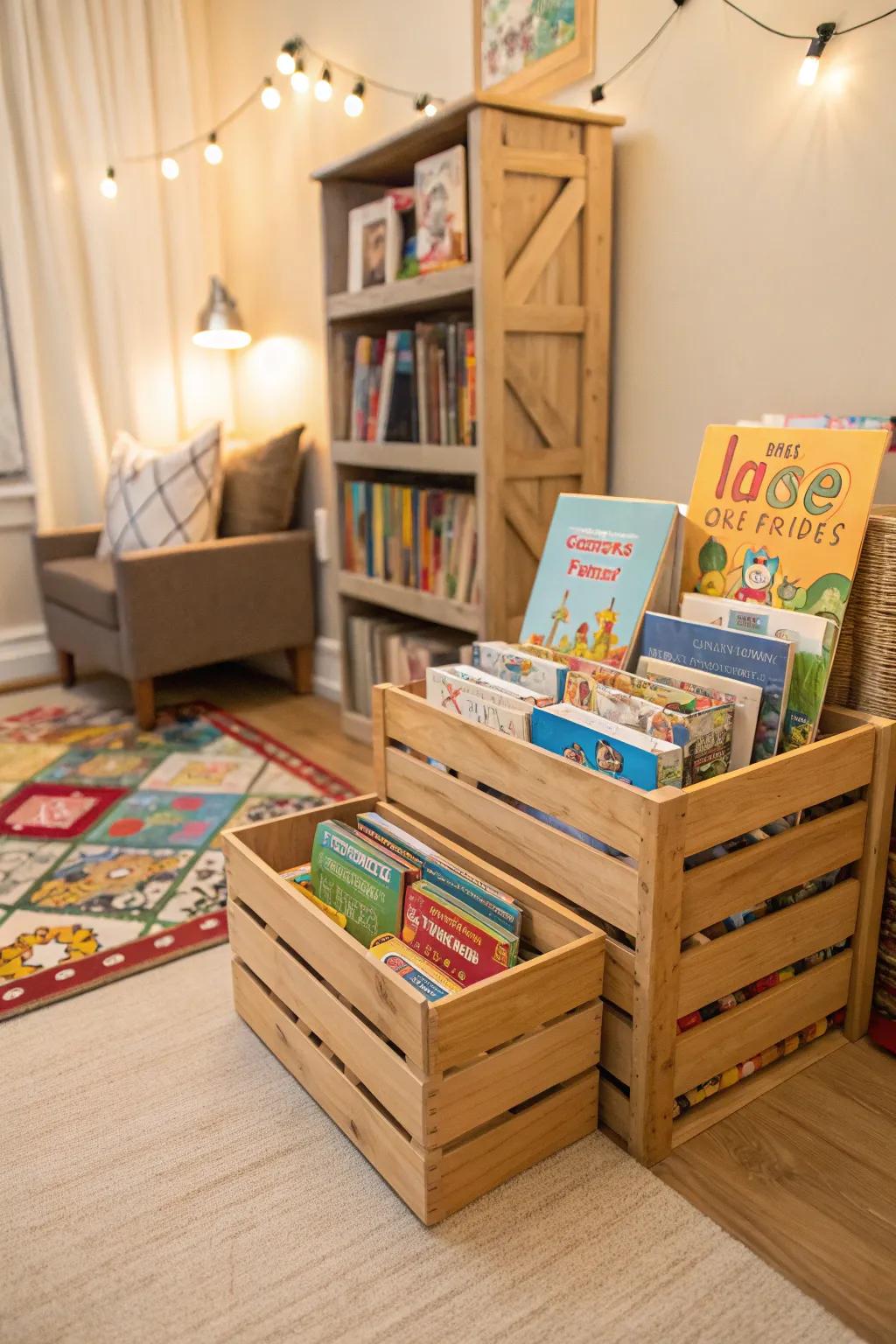 Upright crates provide customizable storage.