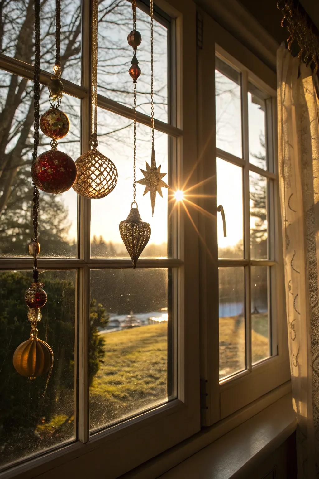 A captivating hanging window display with ornaments.