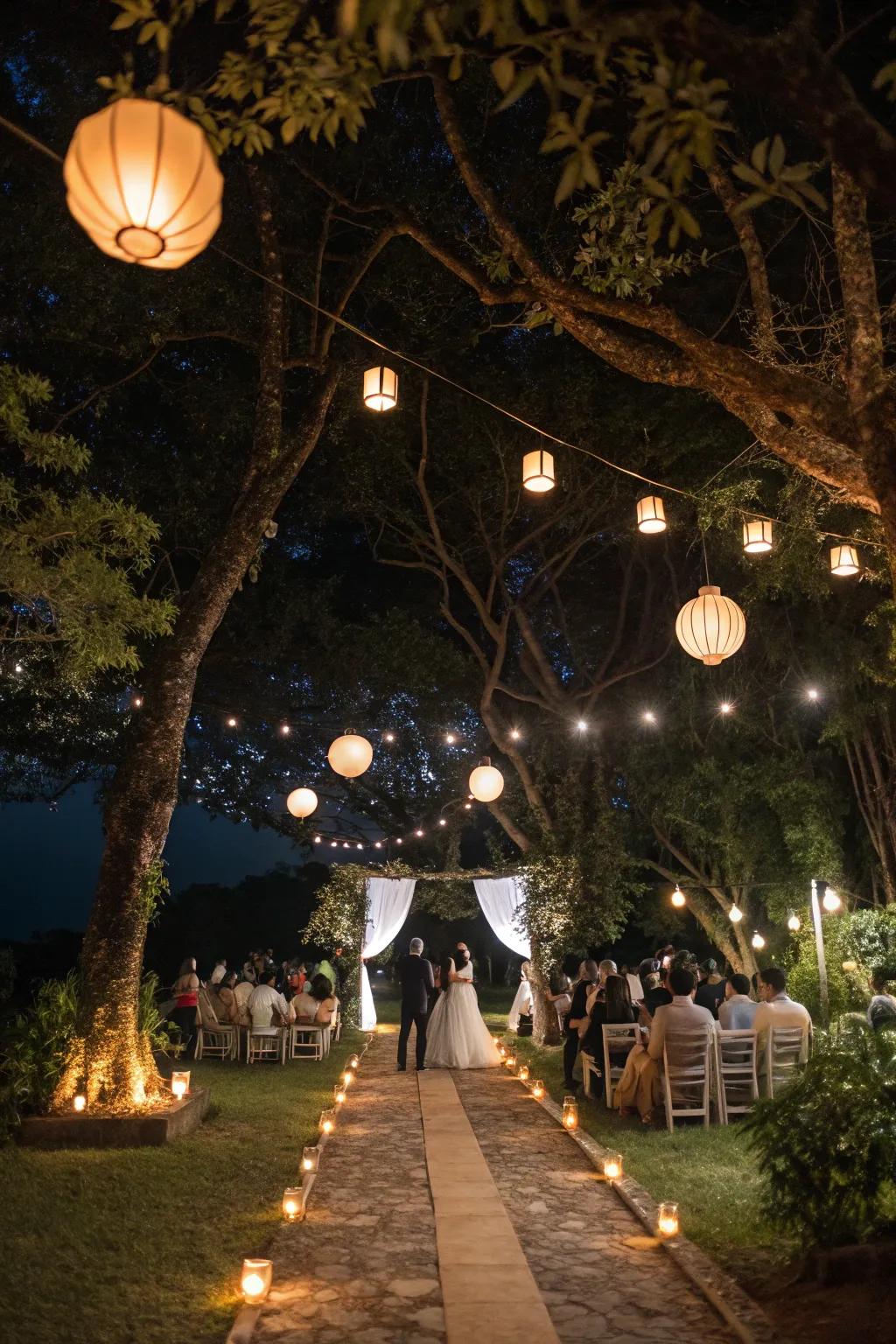 An assortment of luminaries introduces a gentle and welcoming radiance to the wedding venue.