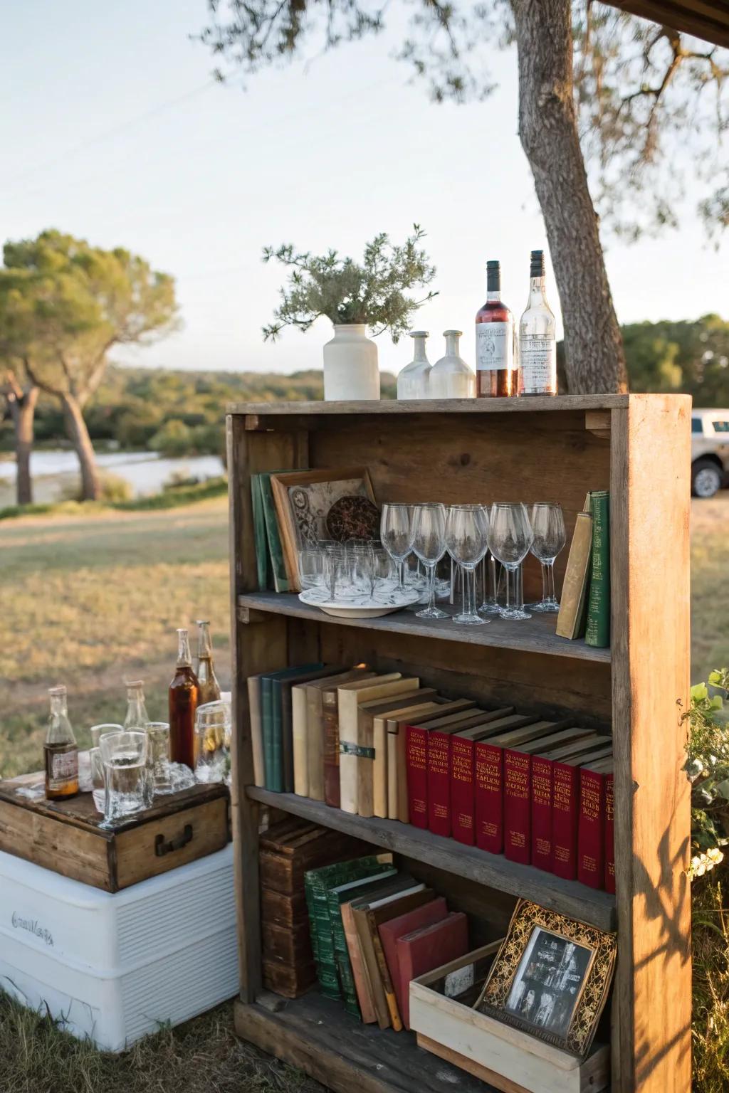 A revamped shelving unit provides a functional and fashionable beverage station.
