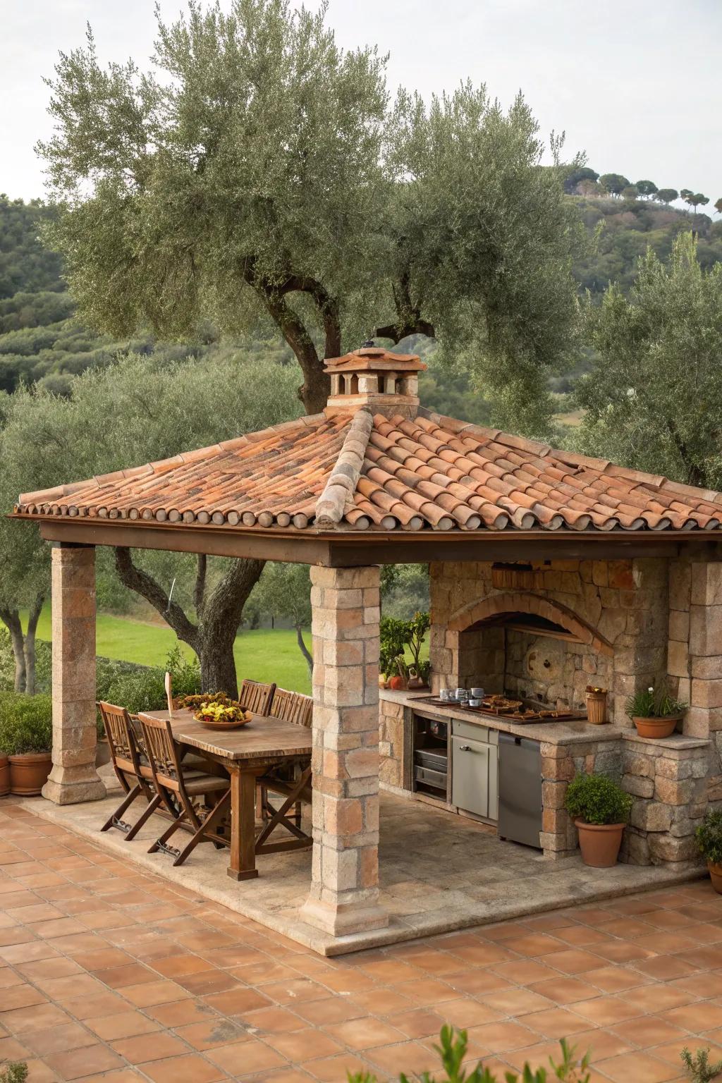 Forge a Mediterranean vision with a sophisticated outdoor kitchen gazebo.