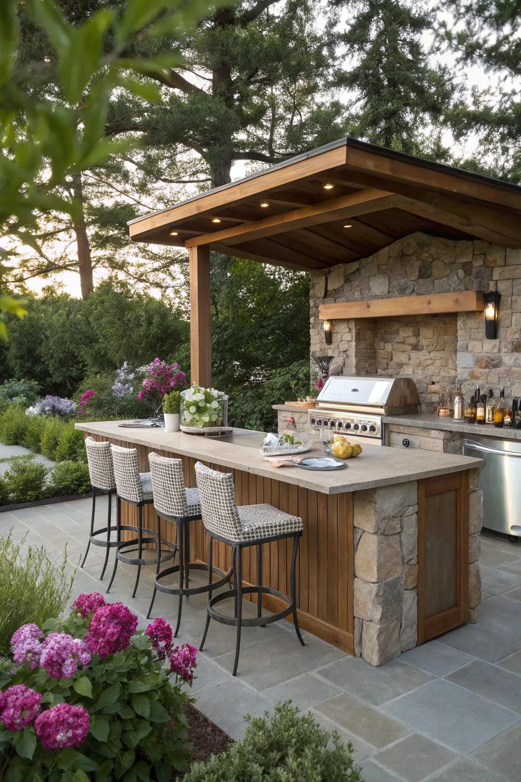 An inset bar encourages socializing in your outdoor cooking space.